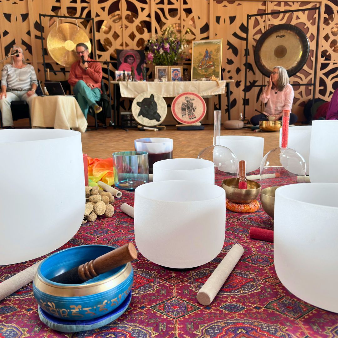 a variance of crystal and metal singing bowls on a red carpet