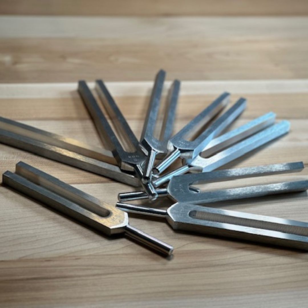 Set of 8 metal tuning forks on a wooden surface