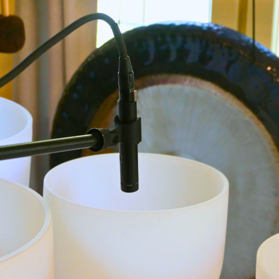 close-up of a microphone above a crystal singing bowl with gong in the background