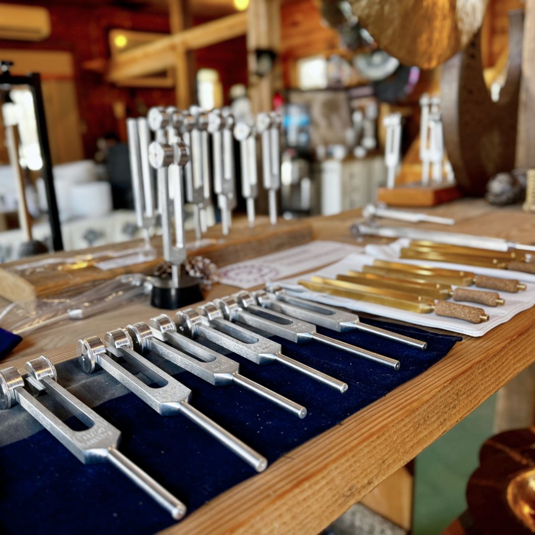 Set of tuning forks on a wooden surface in the Sunreed retail store