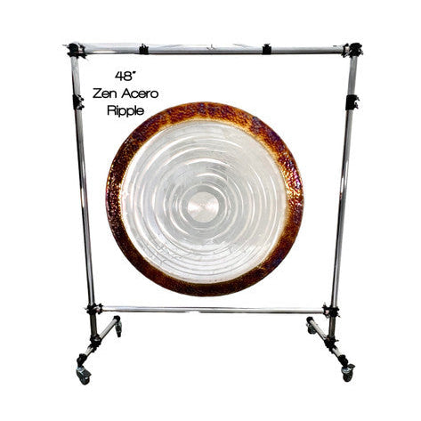 48-inch Zen Acero Ripple gong on a stand with branding text.